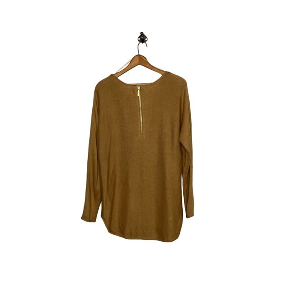 Michael Kors Size Small S Tan Camel Knit Gold Zip Back Pullover Hi Low Sweater - Picture 3 of 4
